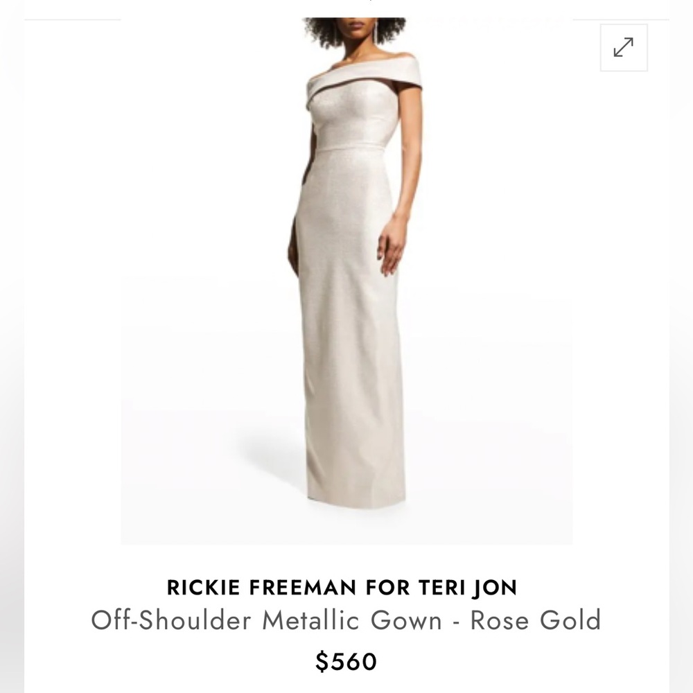 Rickie Freeman for Teri Jon off the shoulder column dress rose gold